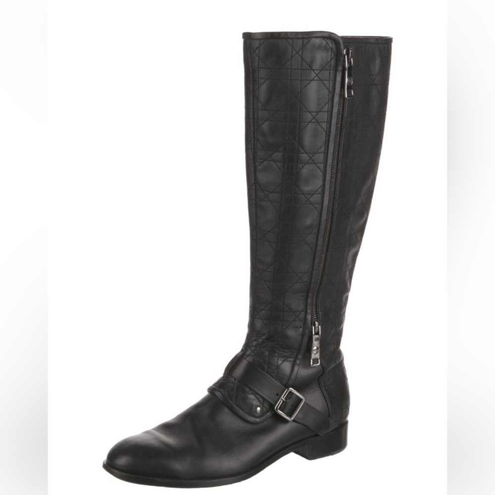 Dior Cannage Black Leather Knee Boots Moto Size 40/9